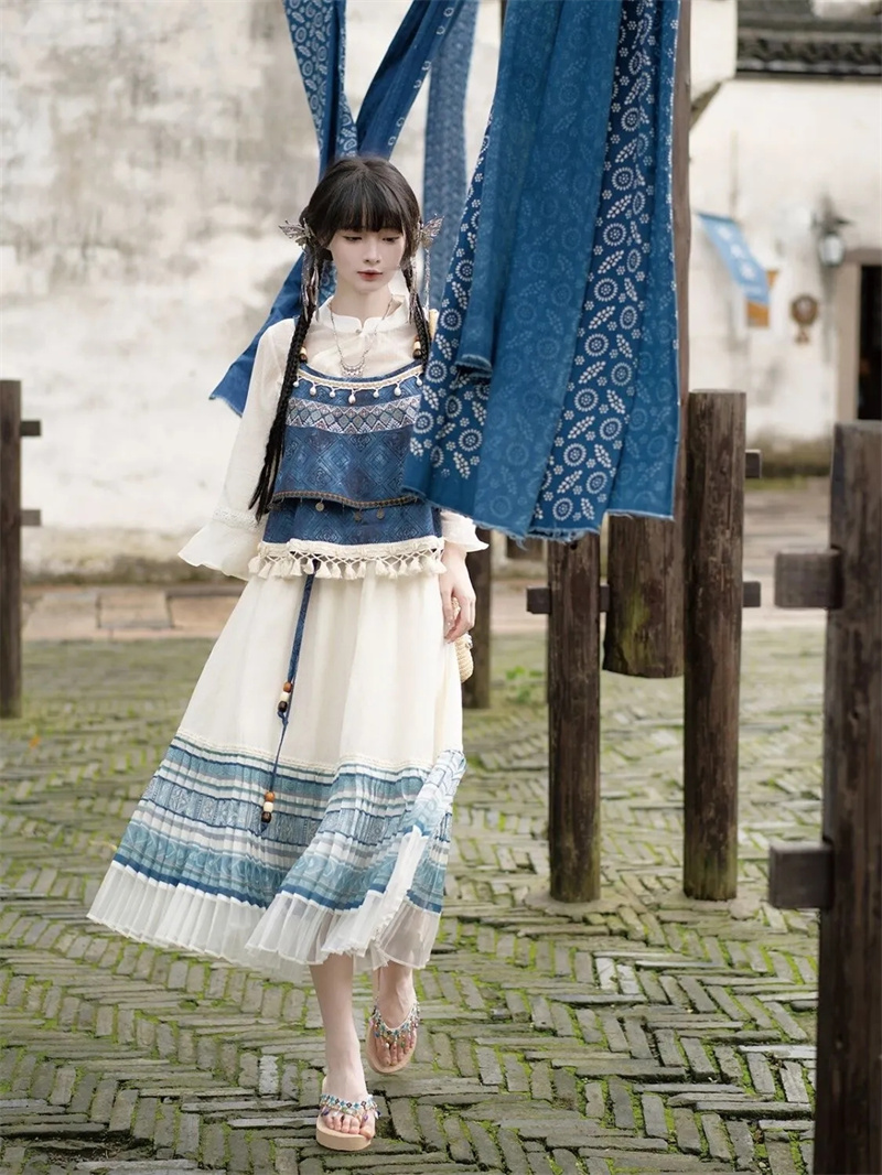 Indigo Dye Kit - Qianzhai-conjunto completo de falda con tirantes,